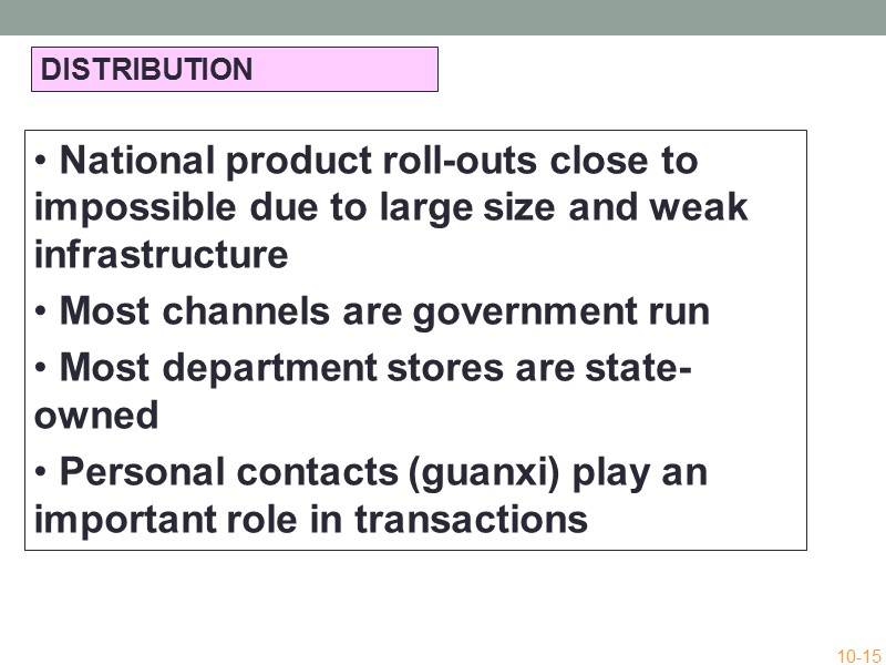 DISTRIBUTION  National product roll-outs close to impossible due to large size and weak